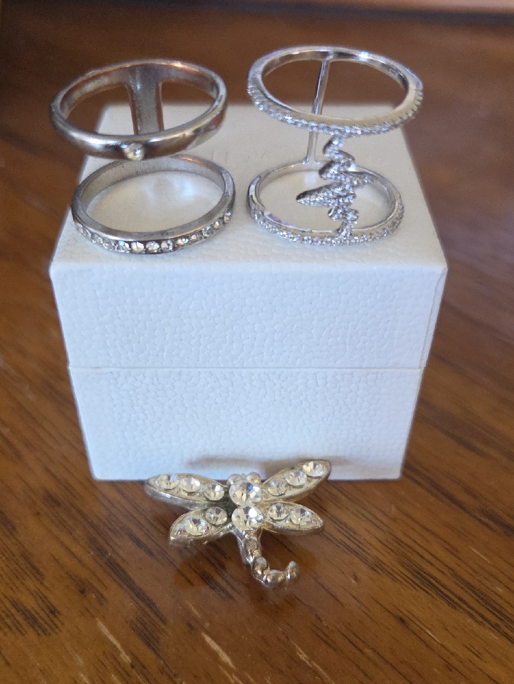 Silver-Tone Crystal Double Band Rings and Dragonfly Pendant Set